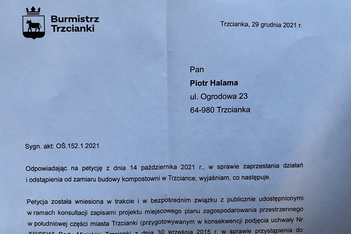 Odpowiedź Burmistrza Trzcianki na petycję w sprawie zaprzestania i odstąpienia od zamiaru budowy kompostowni w Trzciance 